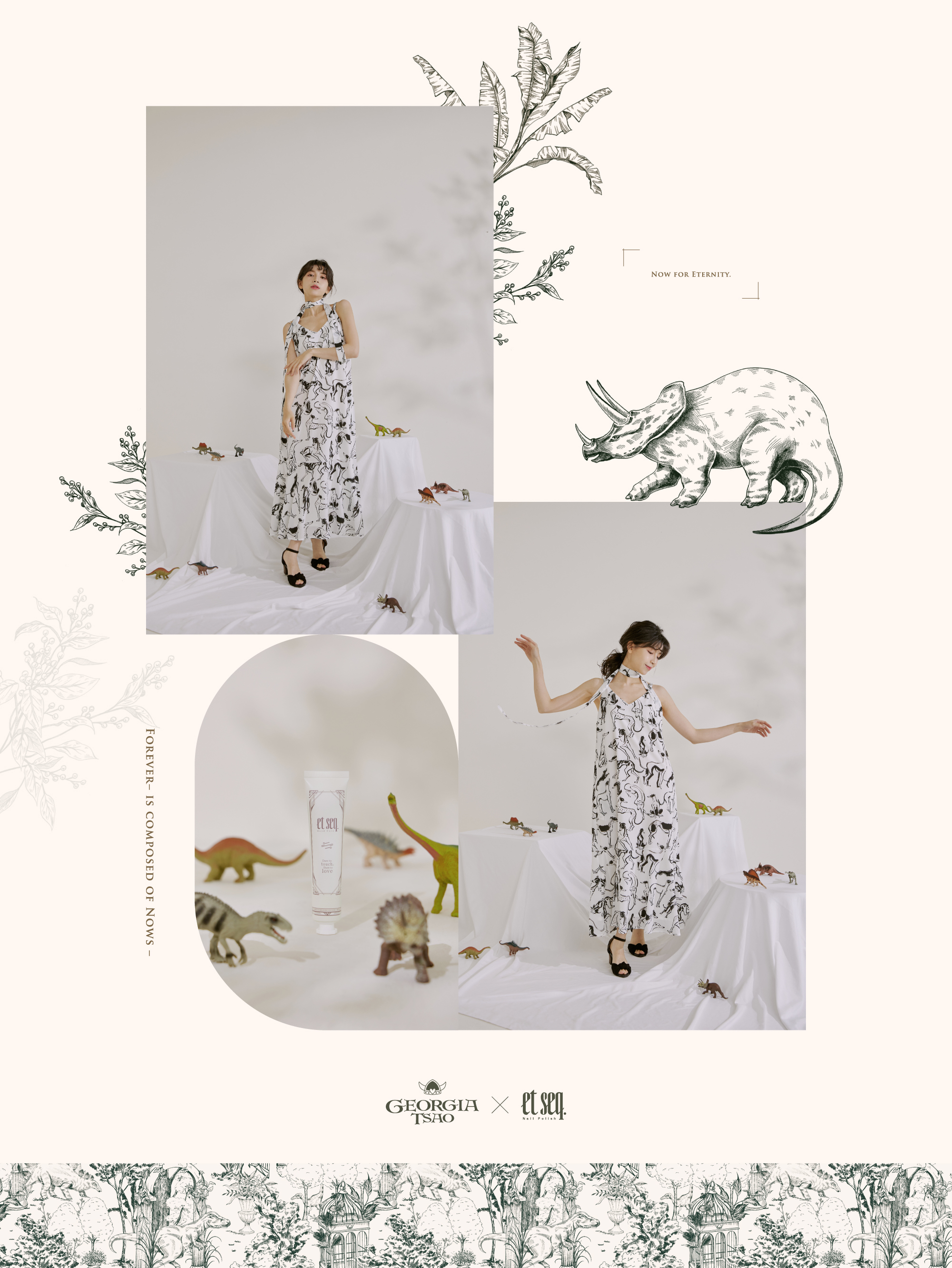 GEORGIA TSAO台灣服裝品牌聯名款禮盒，脖子上綁的恐龍侏羅紀莊園款絲巾，手上塗et seq.羽毛筆指甲油水性的指甲油