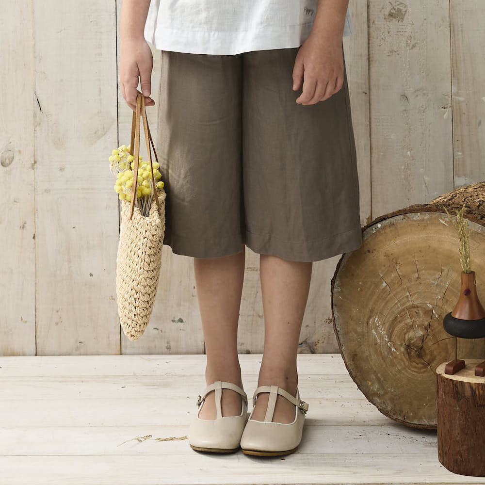 PIPPY 舒適鬆緊棉麻寬口7分褲 棕