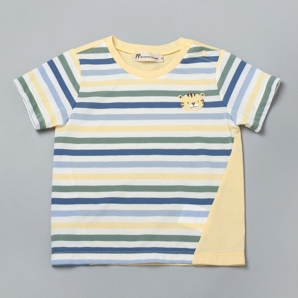 PIPPY小老虎拼接橫條棉質圓領上衣 黃