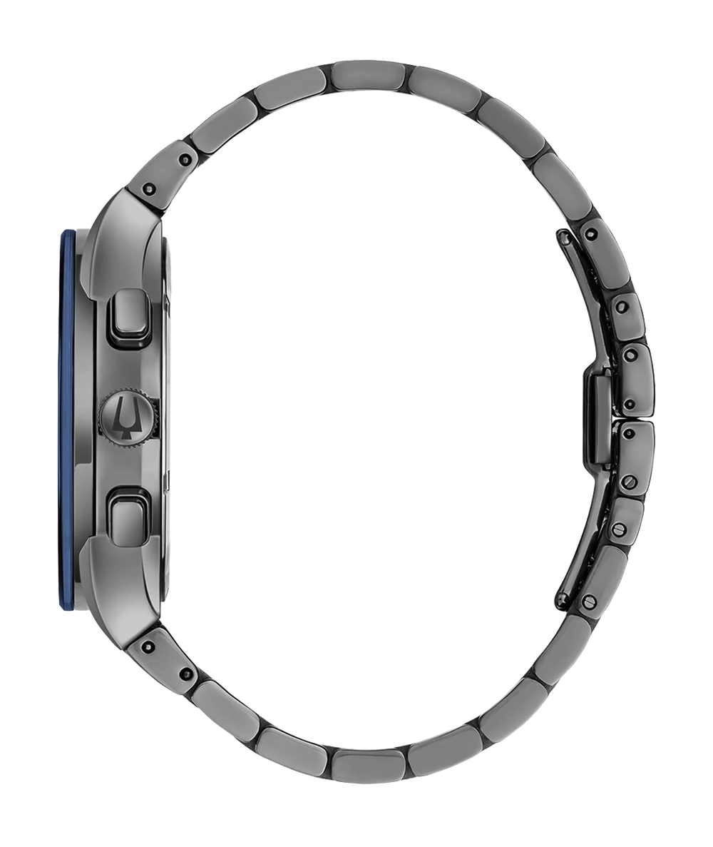 萬年鐘錶 - BULOVA 寶路華  槍色藍面三眼不鏽鋼石英男錶  98C143  錶徑 41MM