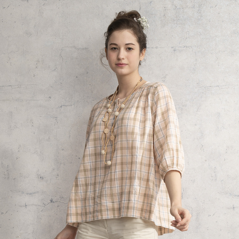 PIPPY粉嫩格紋寬版棉質圓領7分袖上衣 粉