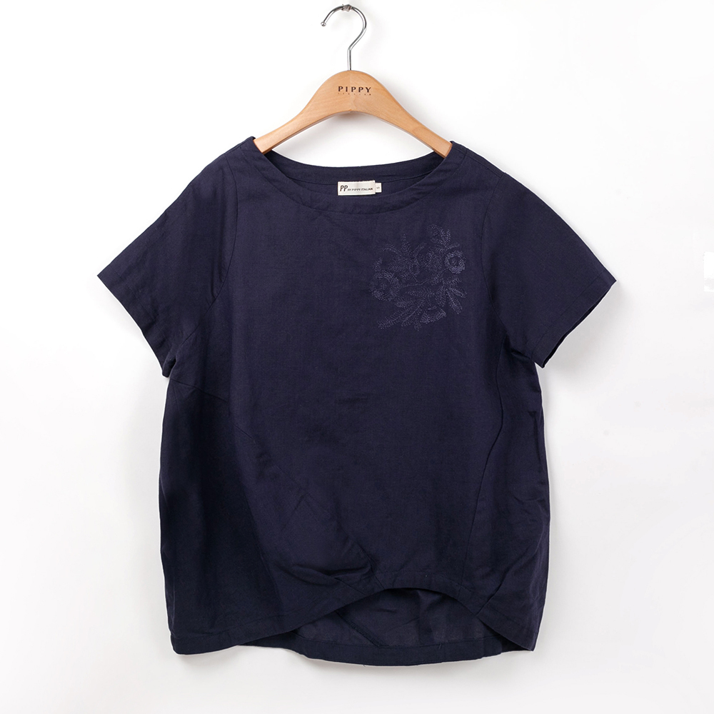 PIPPY花卉刺繡棉麻圓領上衣 丈青