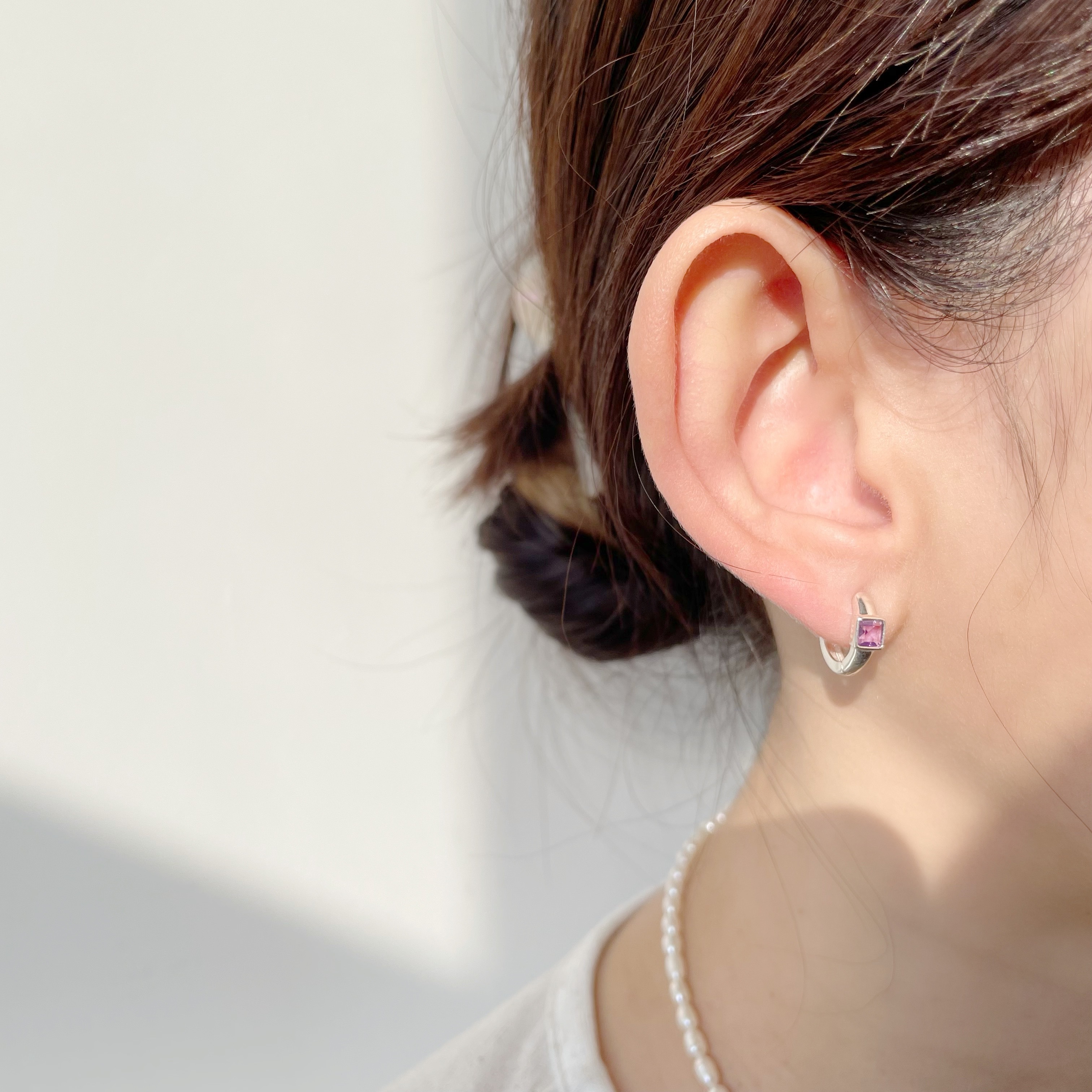 方形紫水晶厚耳圈