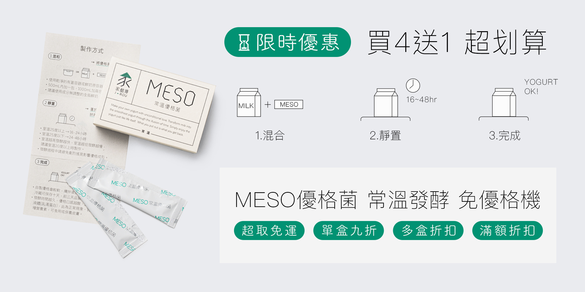 MESO常溫優格菌，買四送一，送完為止。