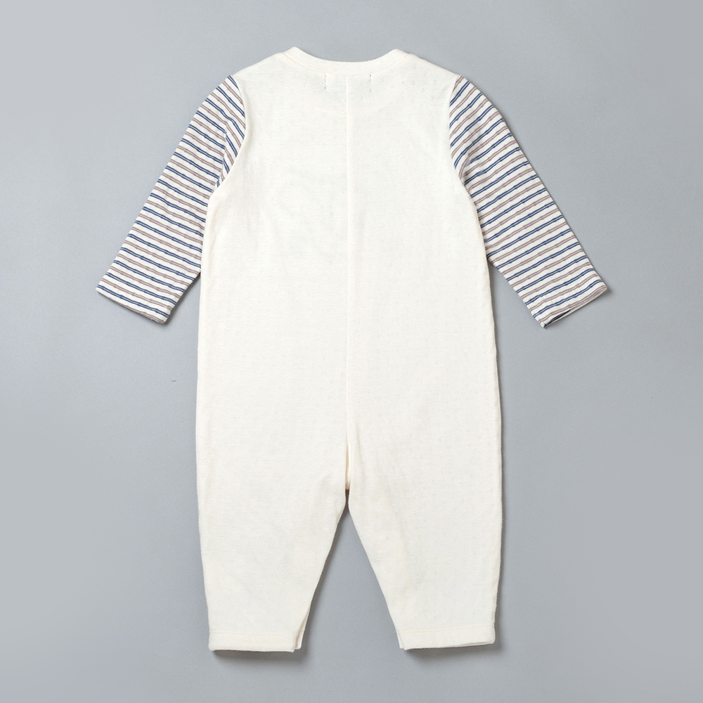 PIPPY 可愛小松鼠剪接條紋彈性棉連身包屁衣 米