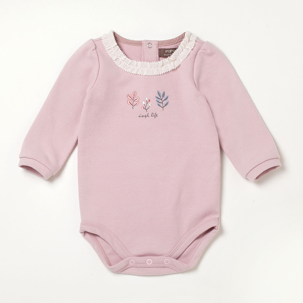 PIPPY 優雅繡花素面彈性棉長袖包屁衣 粉