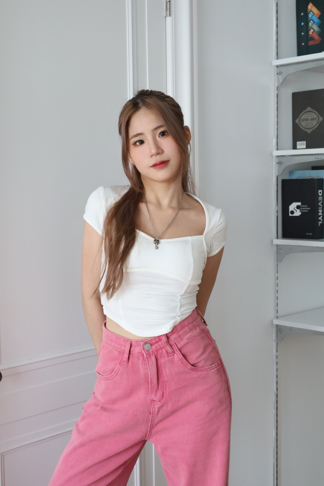 復古方領合身短袖上衣