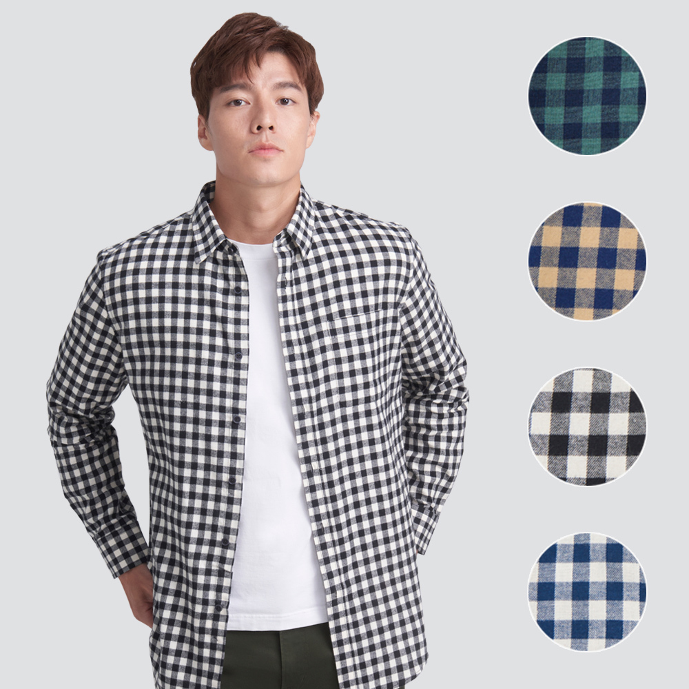 格紋長袖襯衫-四色