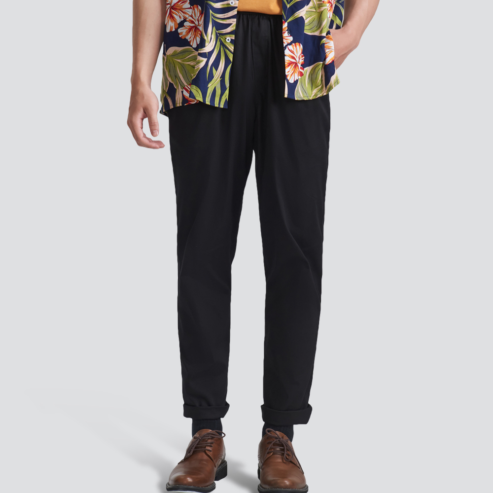 鬆緊休閒長褲-黑