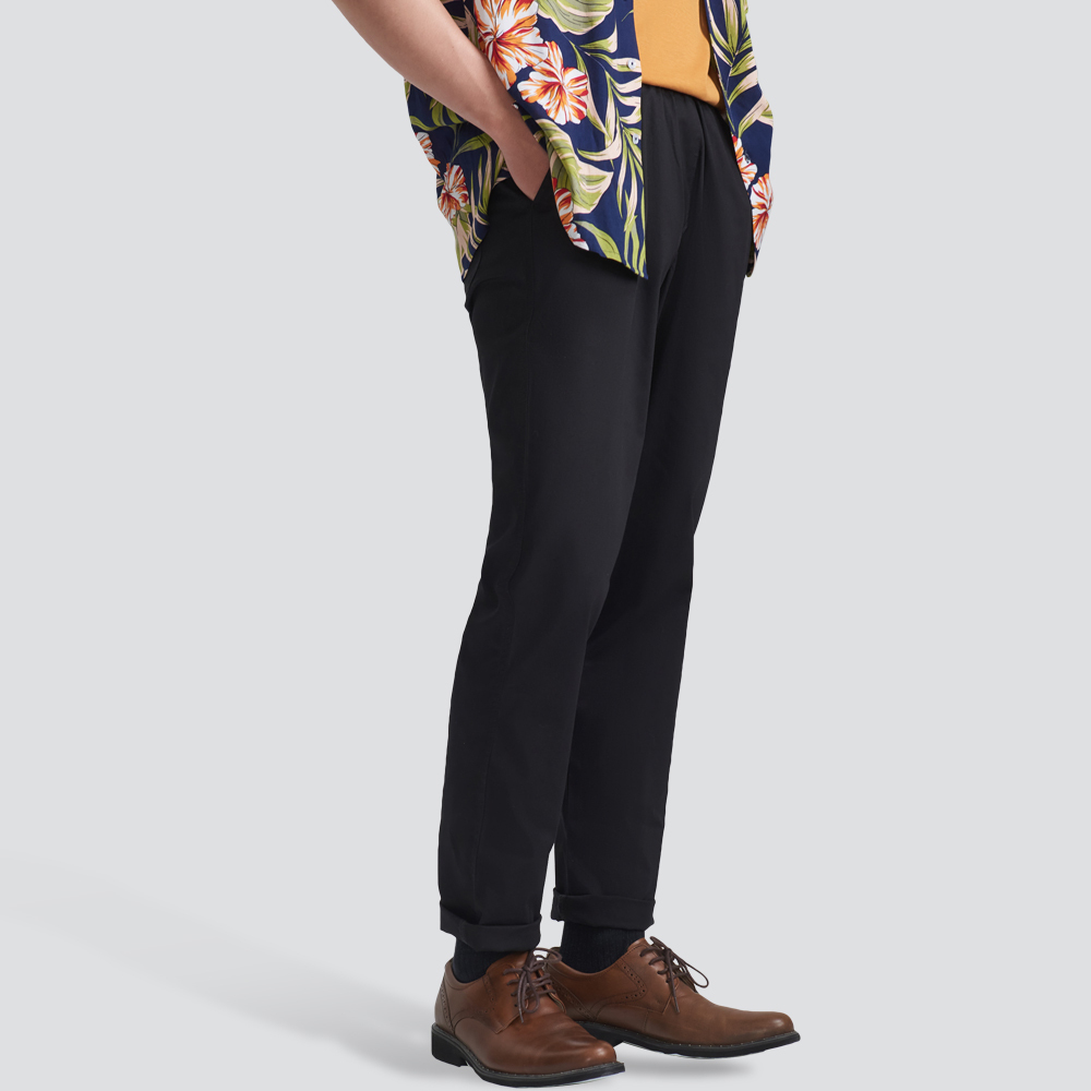 鬆緊休閒長褲-黑