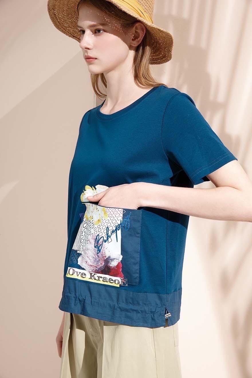 OL優雅花繪囗袋造型拼接棉T S6571