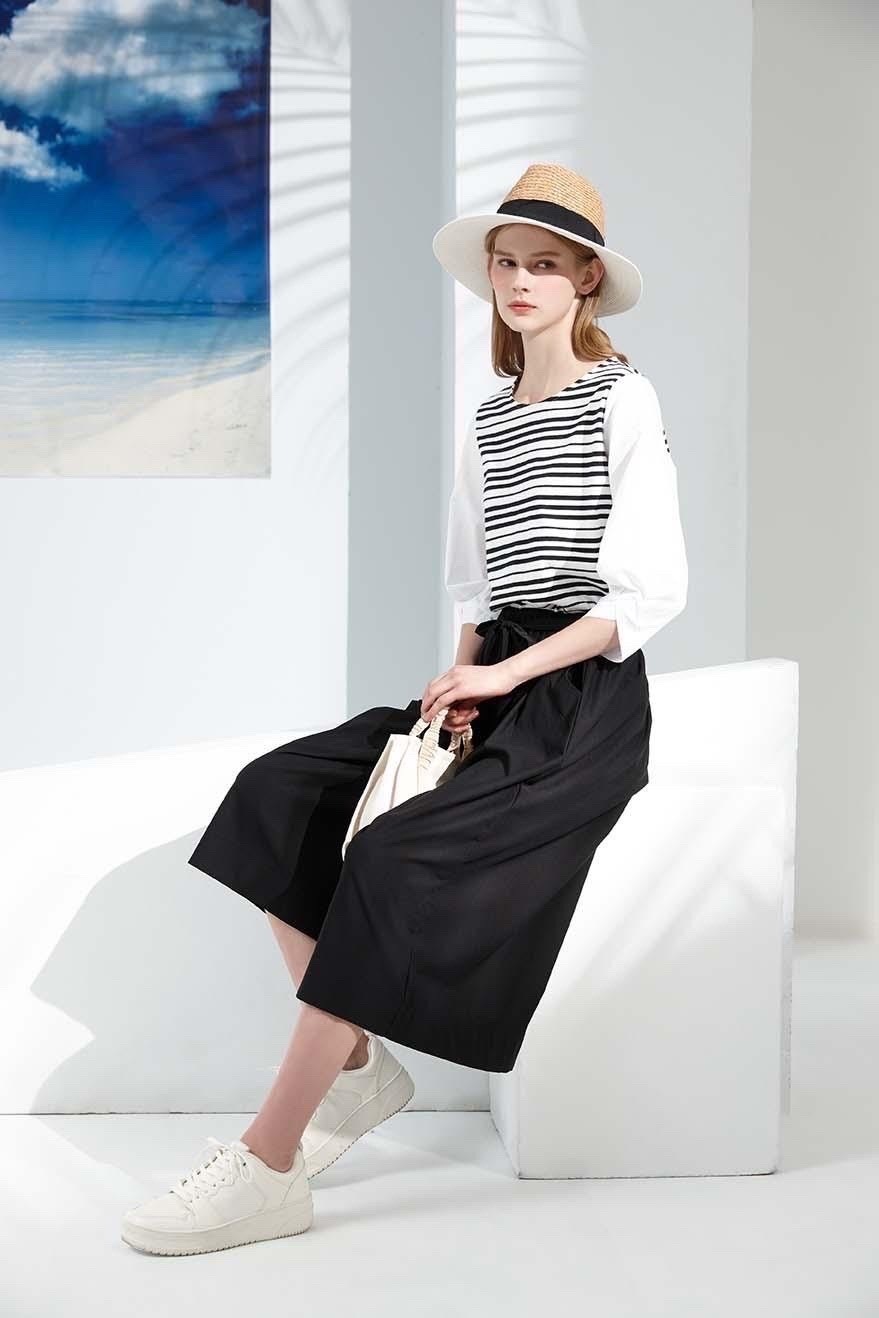 OL黑色微甜飄逸綁結寬褲裙S6171