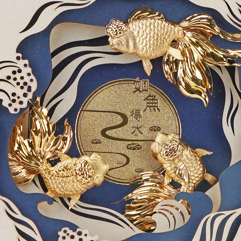 鹿港窯禮品館│如魚得水│升遷祝福的首選禮物│999純金金箔立體畫│客