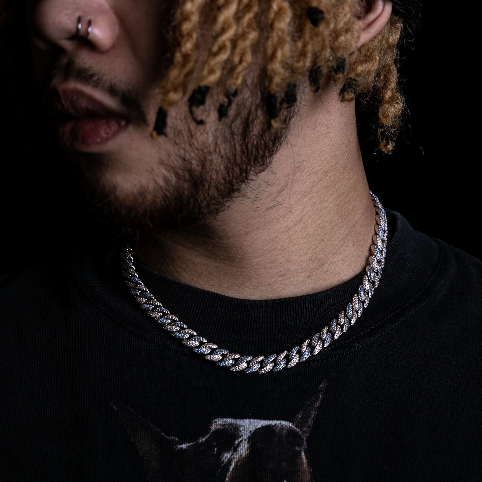 9mm雙色滿鑲古巴鍊 - 藍&白鋯石