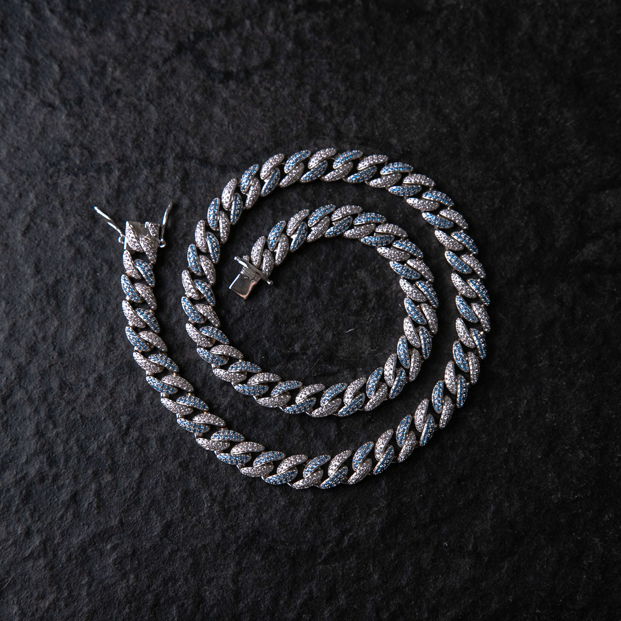 9mm雙色滿鑲古巴鍊 - 藍&白鋯石