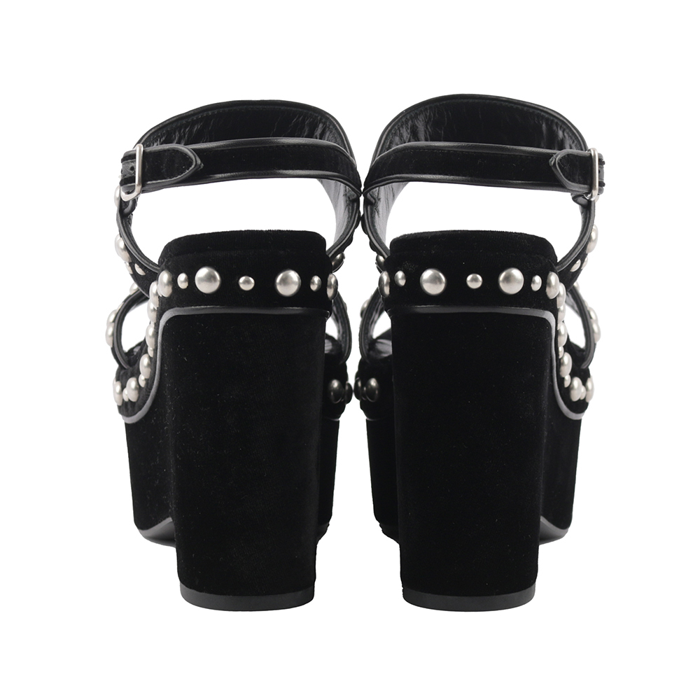 【YSL/ Saint Laurent Paris】珍珠絨布厚底高跟鞋(黑色) 37.5