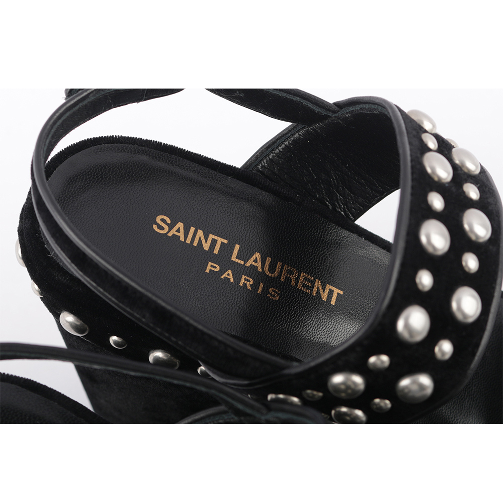 【YSL/ Saint Laurent Paris】珍珠絨布厚底高跟鞋(黑色) 37.5