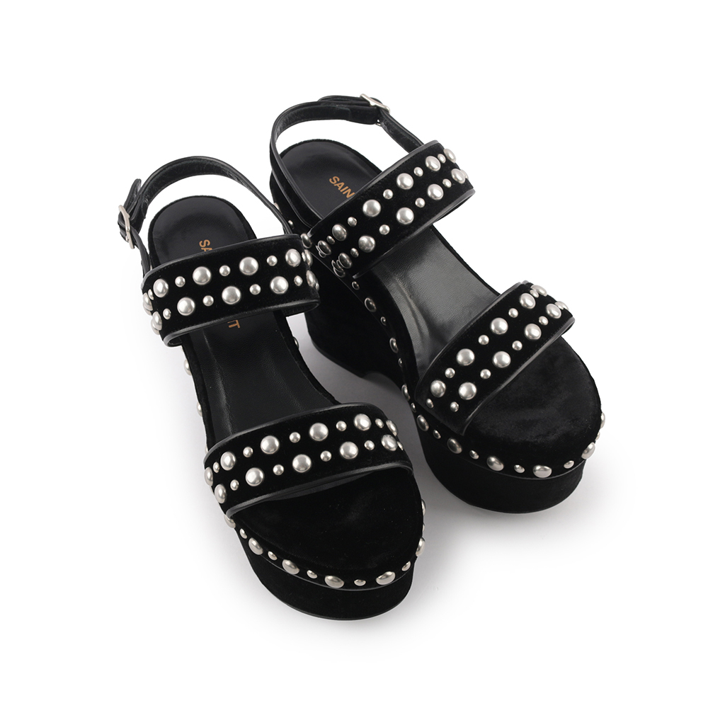 【YSL/ Saint Laurent Paris】珍珠絨布厚底高跟鞋(黑色) 37.5