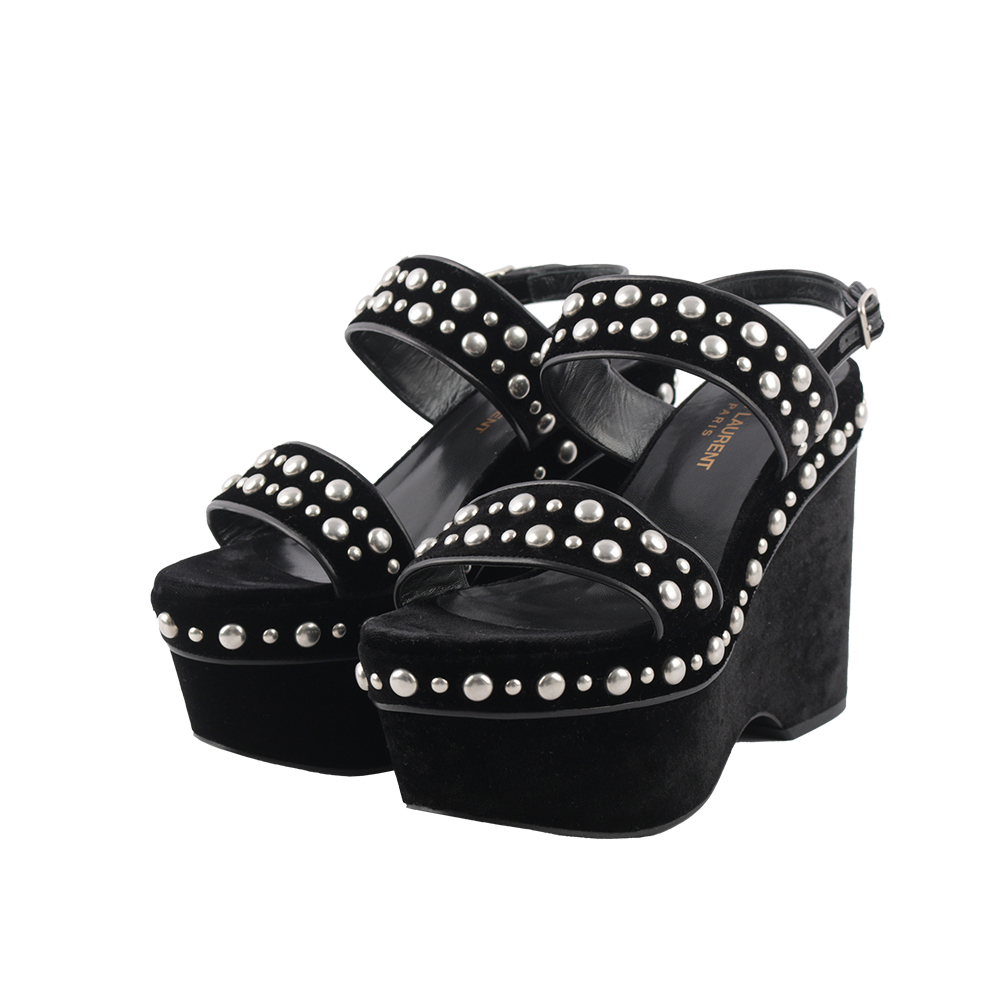 【YSL/ Saint Laurent Paris】珍珠絨布厚底高跟鞋(黑色) 37.5