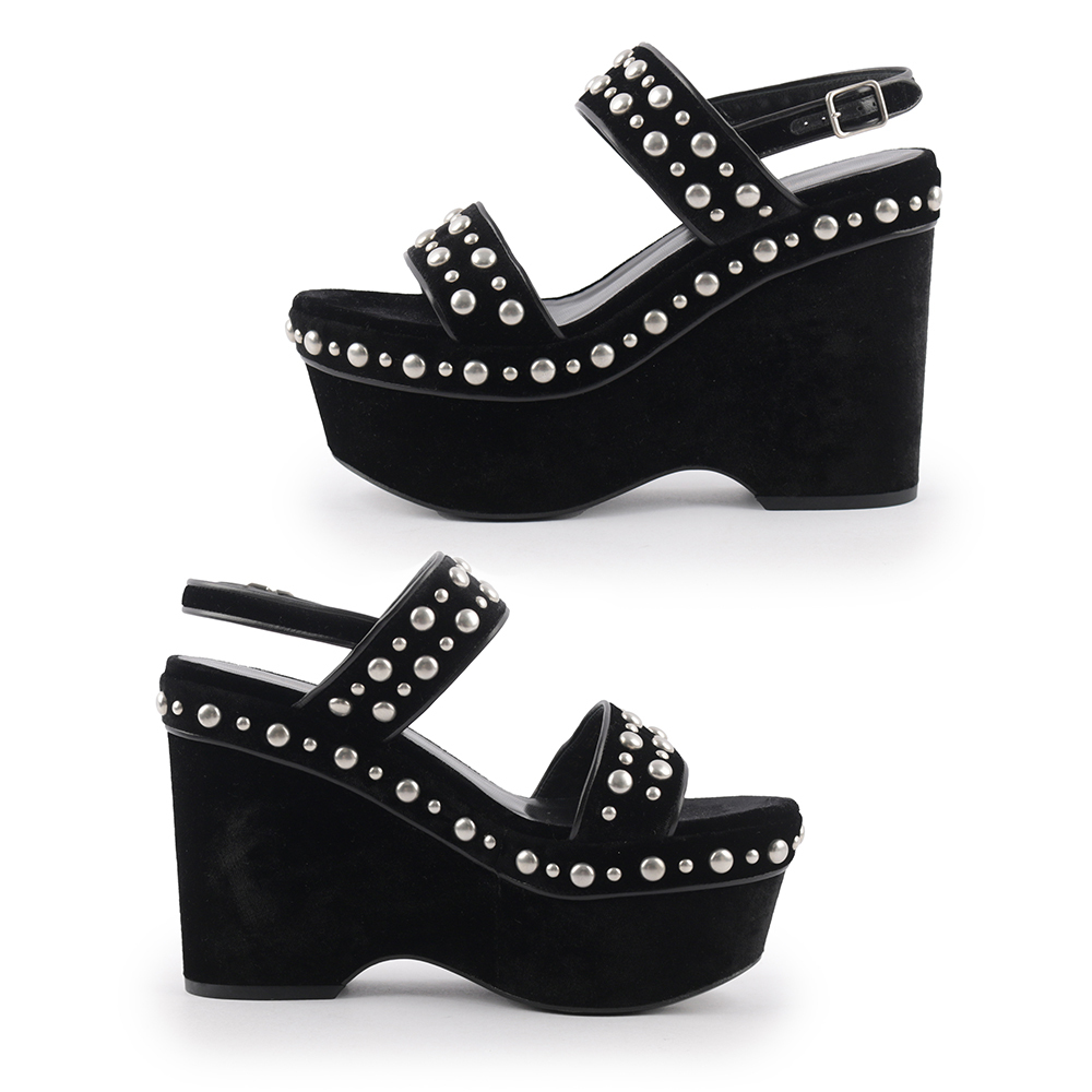 【YSL/ Saint Laurent Paris】珍珠絨布厚底高跟鞋(黑色) 37.5