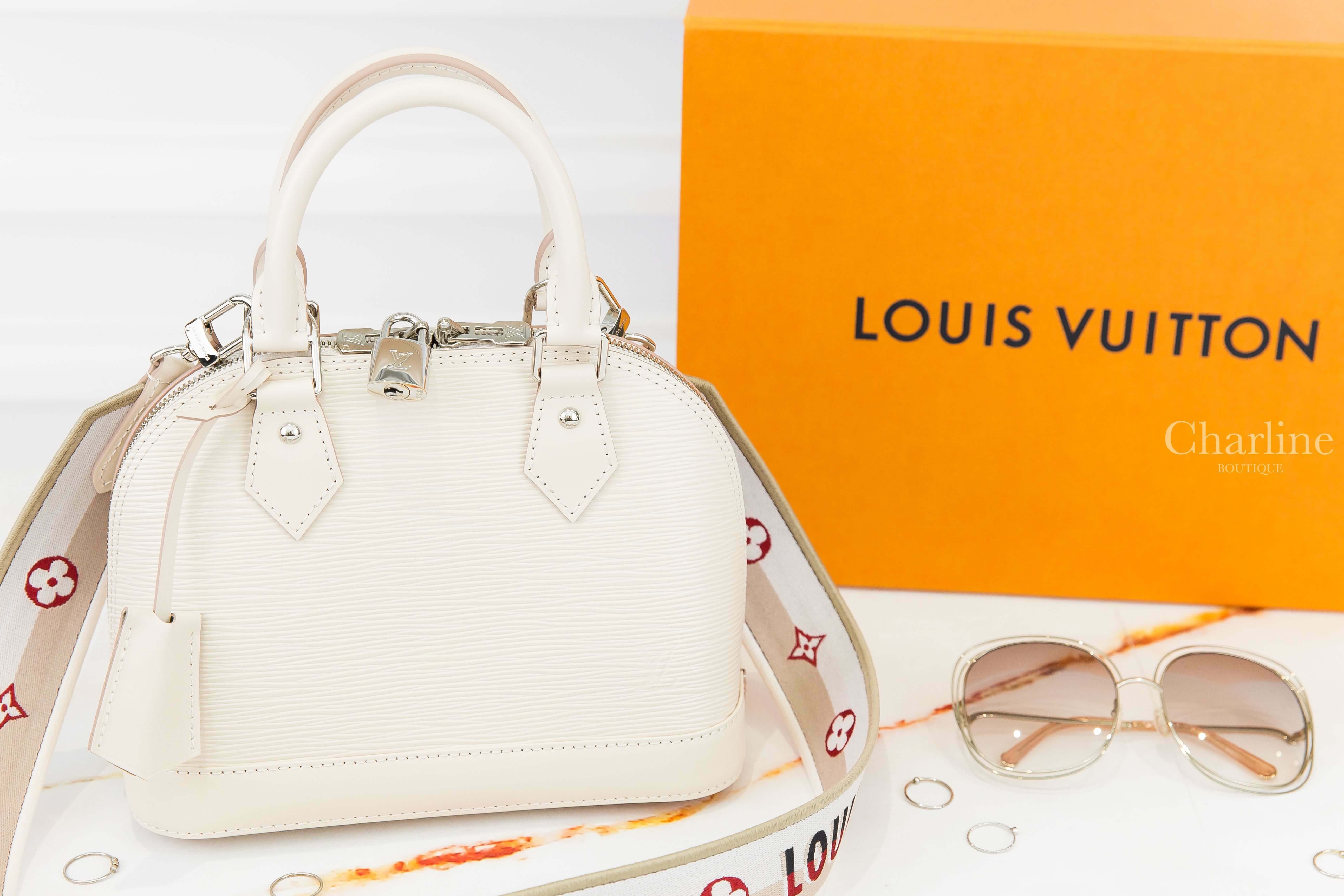 Louis Vuitton Alma BB 石英白銀釦牛皮水波紋紅黑刺繡米滾邊寬背帶手提肩背包