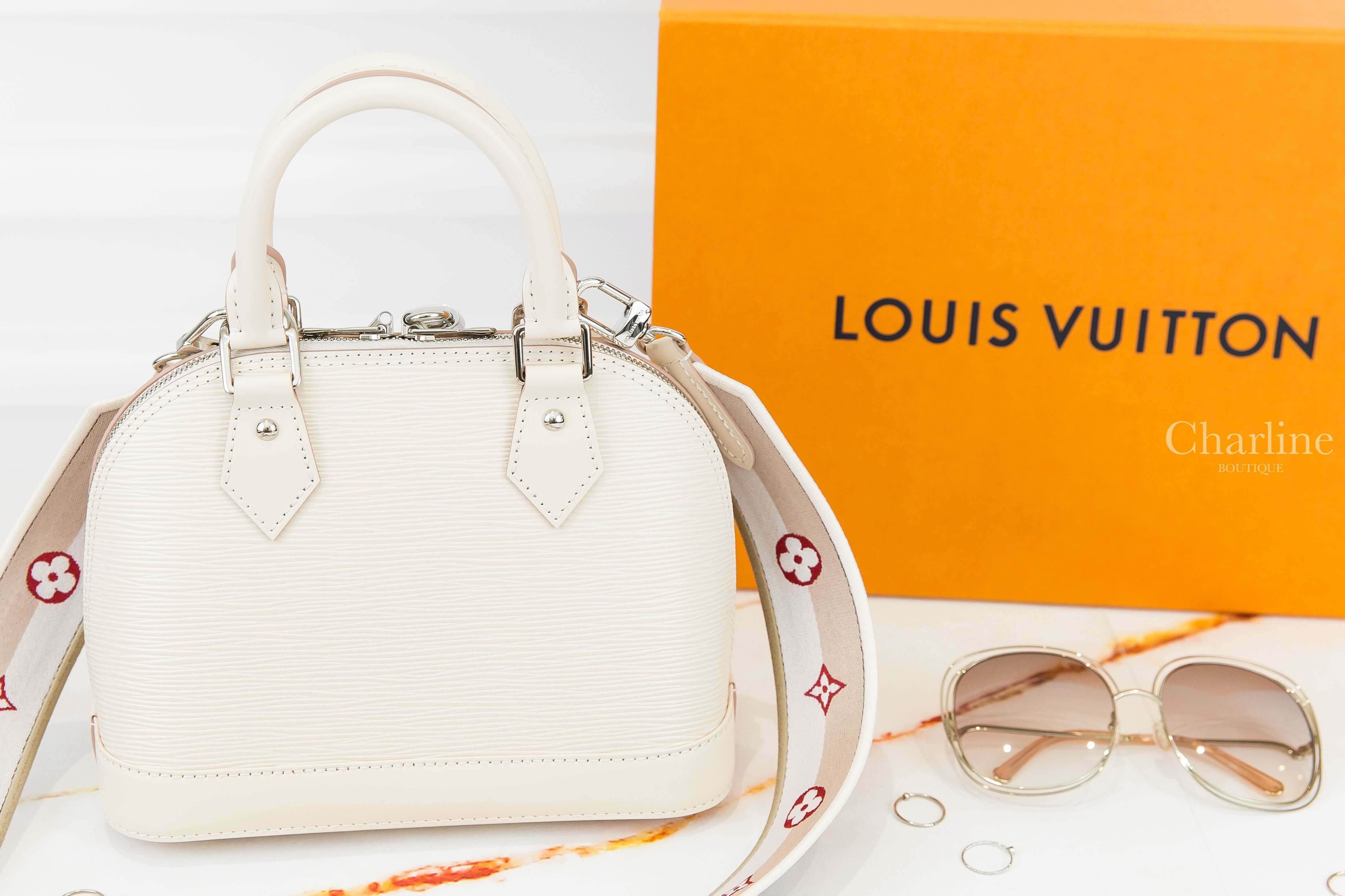 Louis Vuitton Alma BB 石英白銀釦牛皮水波紋紅黑刺繡米滾邊寬背帶手提肩背包-Charline Boutique 精品代購
