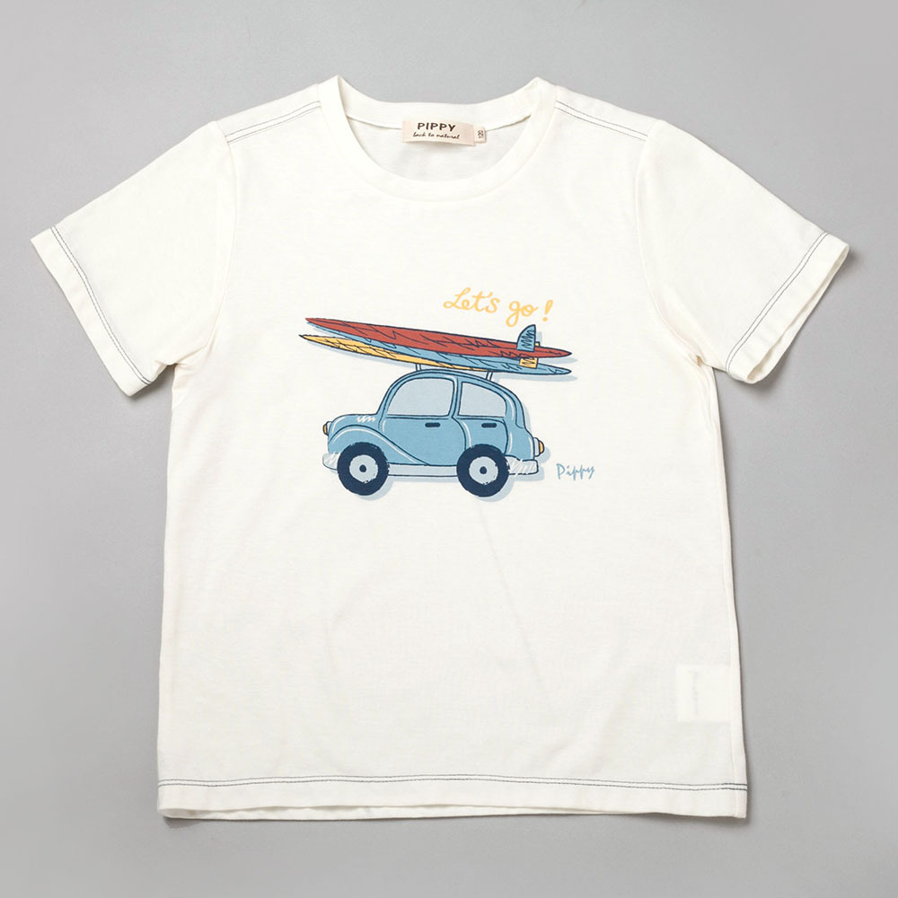 PIPPY 衝浪板汽車印花純棉圓領上衣 米