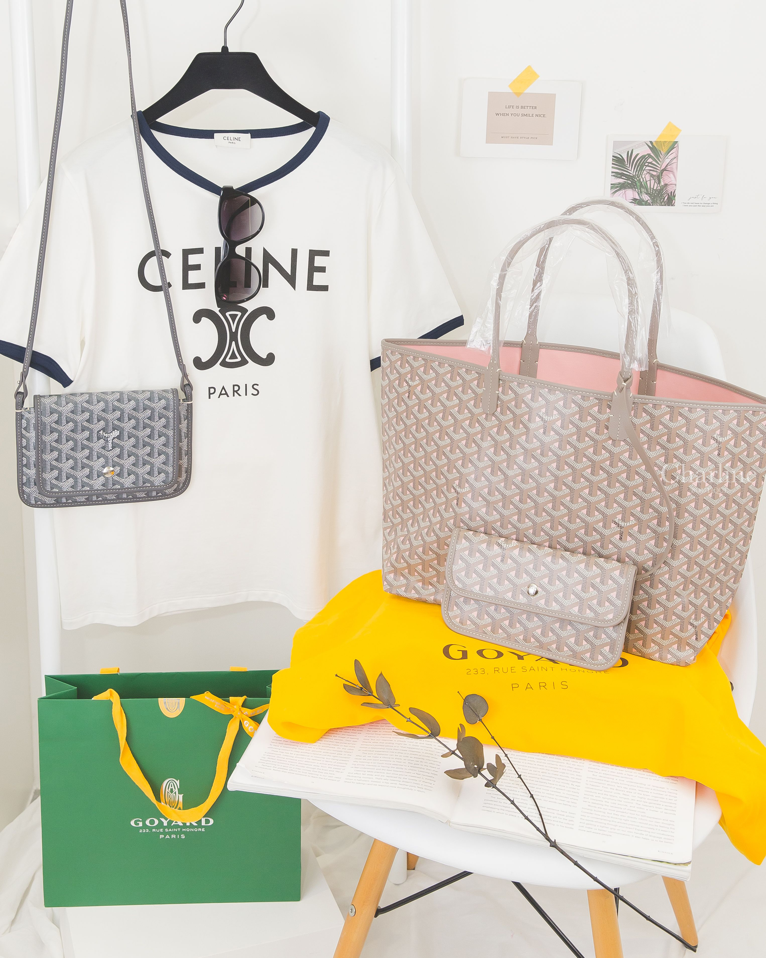 Goyard 灰色小牛皮肩背包,170週年限定款粉色/灰提把小型無拉鍊托特包,Chanel 黑色蝴蝶型灰色鏡片黃字側邊黑CC太陽眼鏡,Celine 白色黑字凱旋門印花海軍藍滾邊短袖棉T-Charline Boutique 精品代購