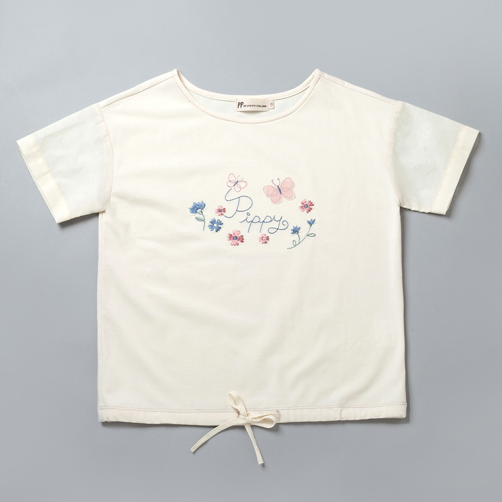 PIPPY蝴蝶花園下擺束帶棉質上衣 米