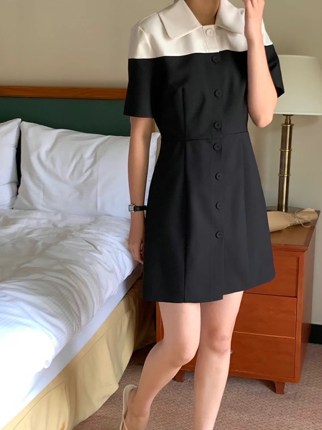 韓版撞色拼接排釦洋裝