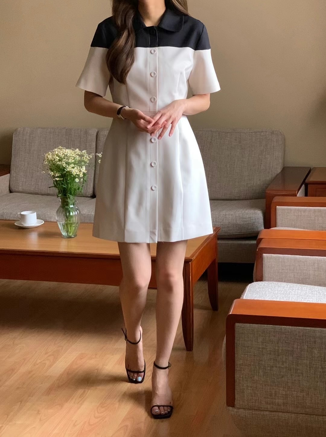 韓版撞色拼接排釦洋裝