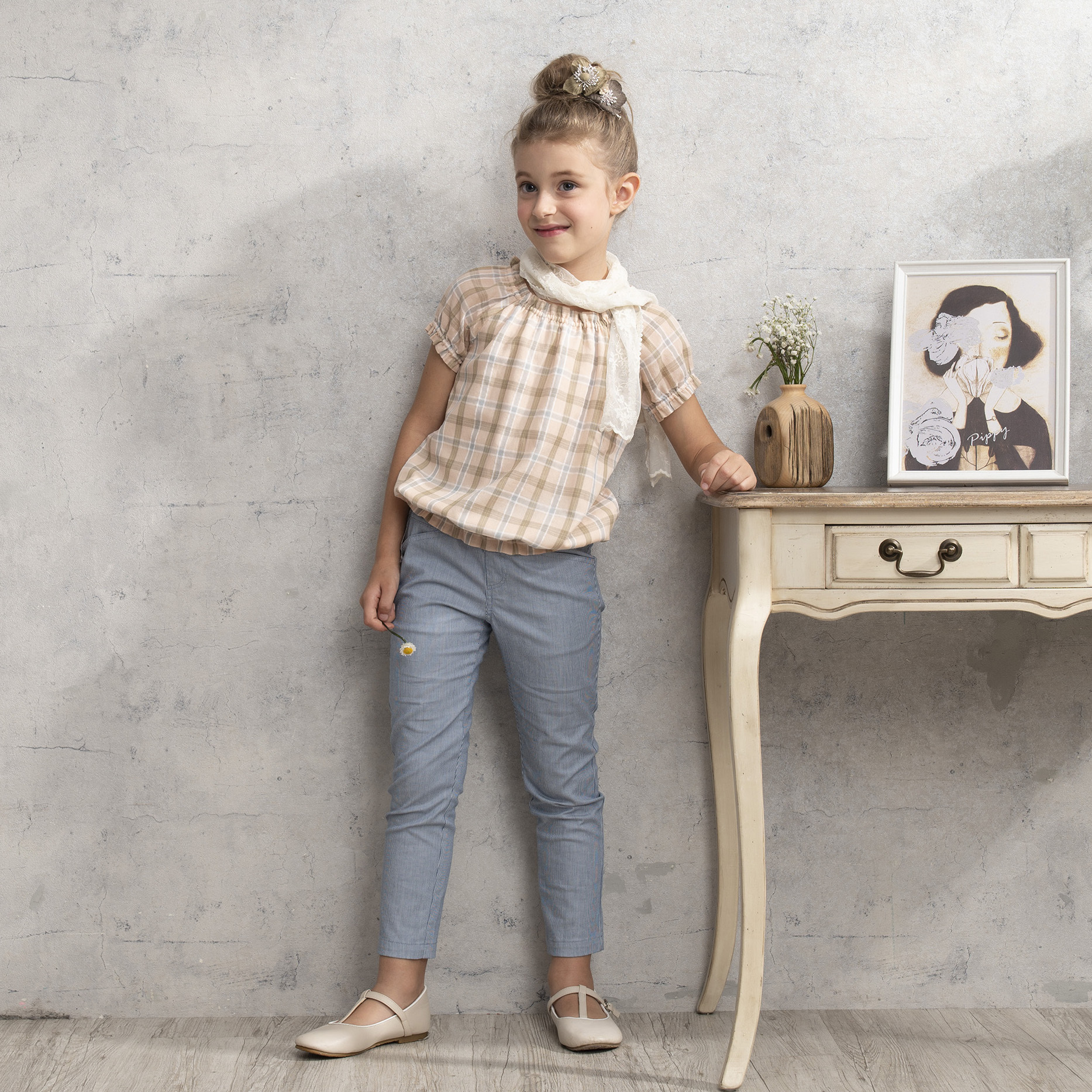 PIPPY春天格紋抽皺純棉上衣 粉