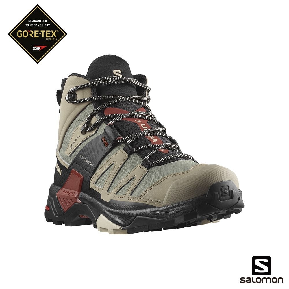 【SALOMON】男 X ULTRA 4 Mid  中筒Gore-tex防水登山鞋 復古卡其/黑/焦褐紅 L47352500