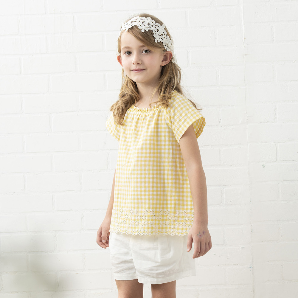 PIPPY花襬格紋純棉圓領上衣 黃