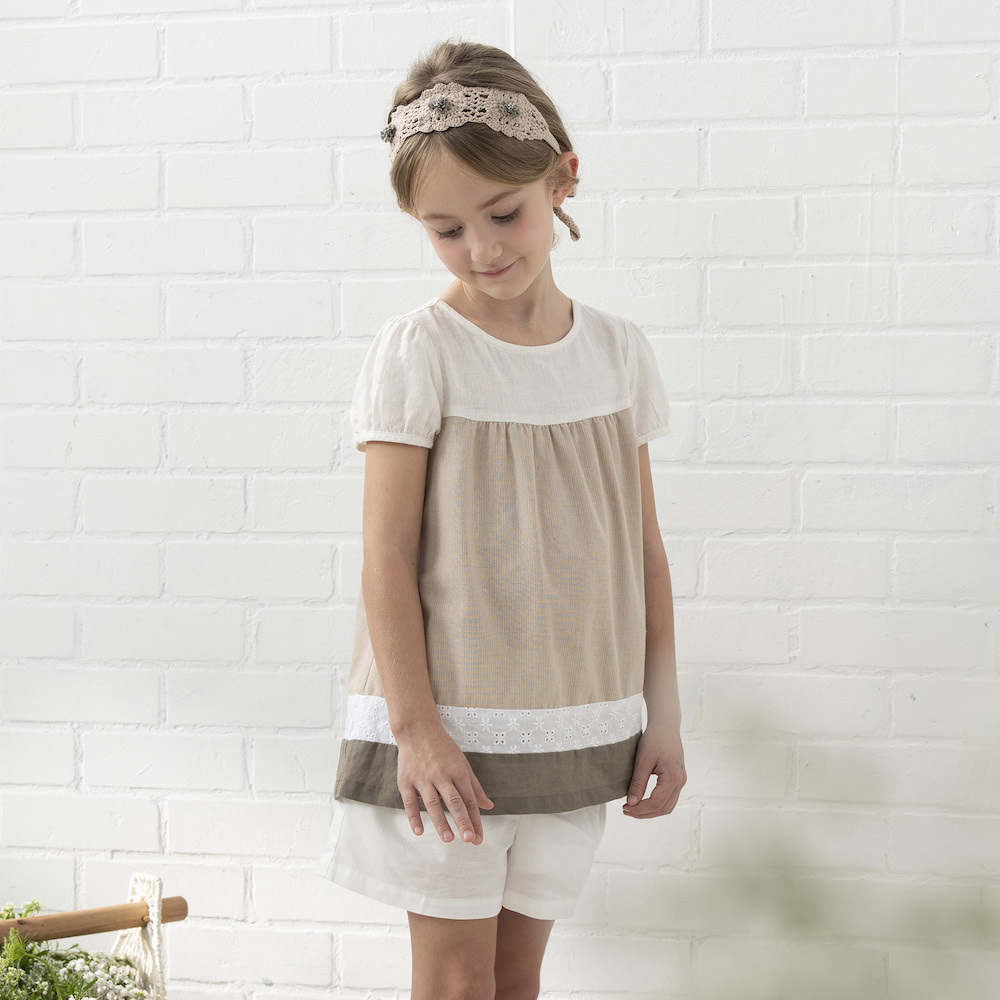 PIPPY森林系飄逸拼接圓領上衣 卡其