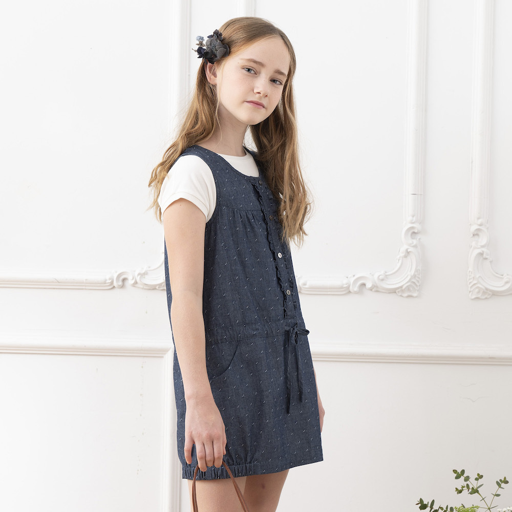 PIPPY緹花低腰綁帶無袖連身背心裙 丈青