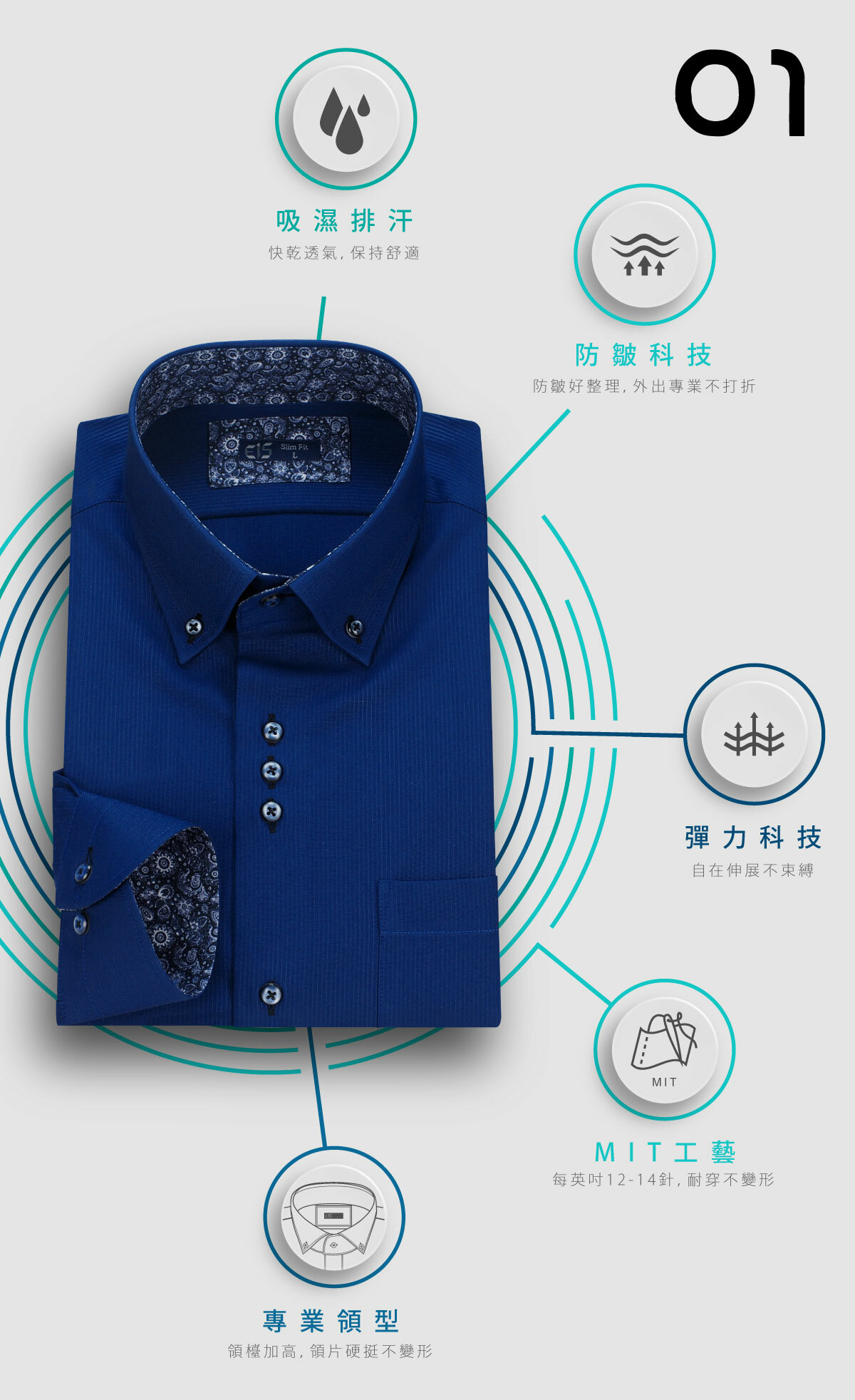 斯德防皺商務襯衫除了防皺機能，還有吸濕排汗以及彈力科技等技術，穿著舒適。