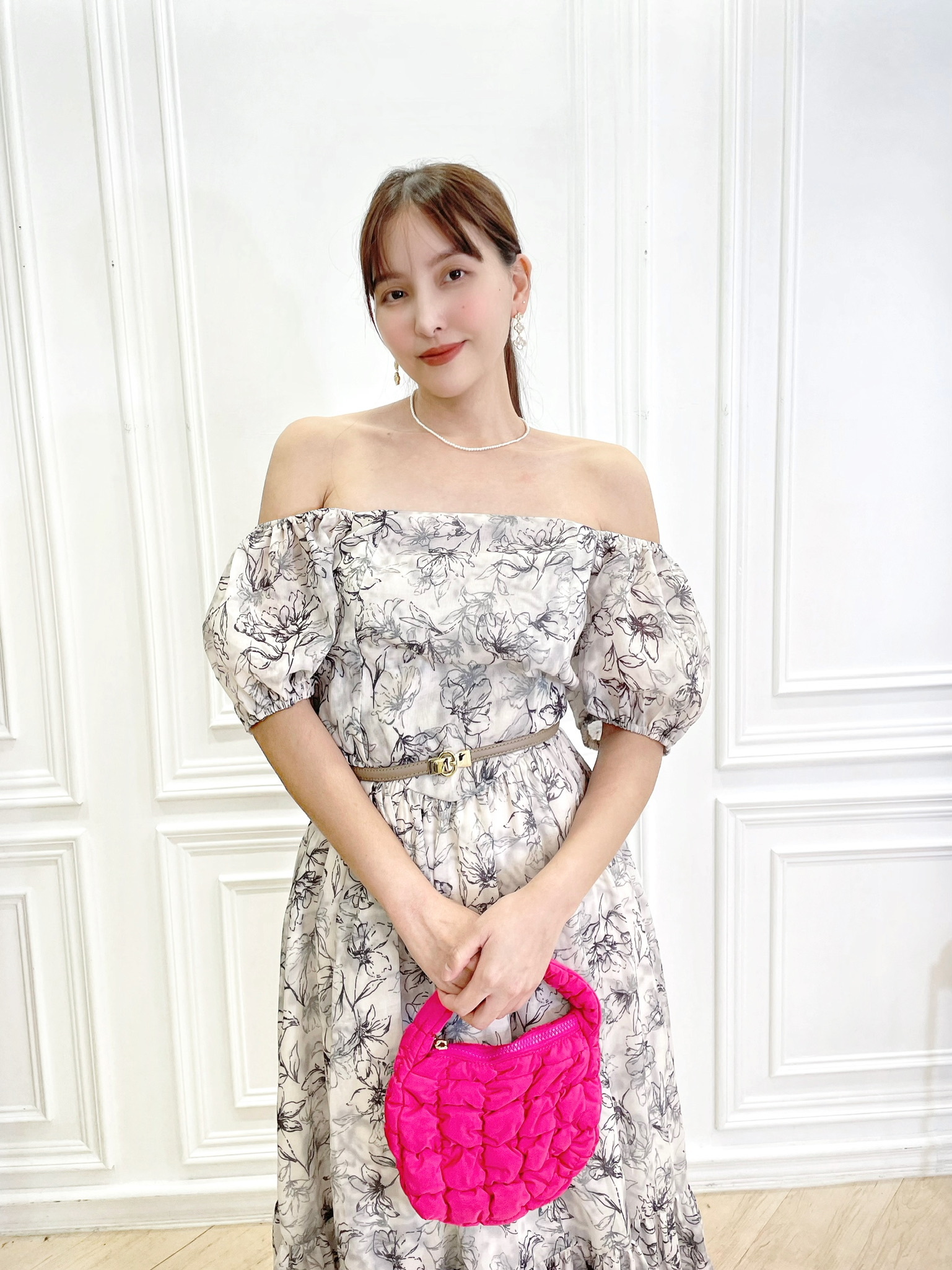 浪漫花卉飄逸澎短袖長洋(可拉一字)