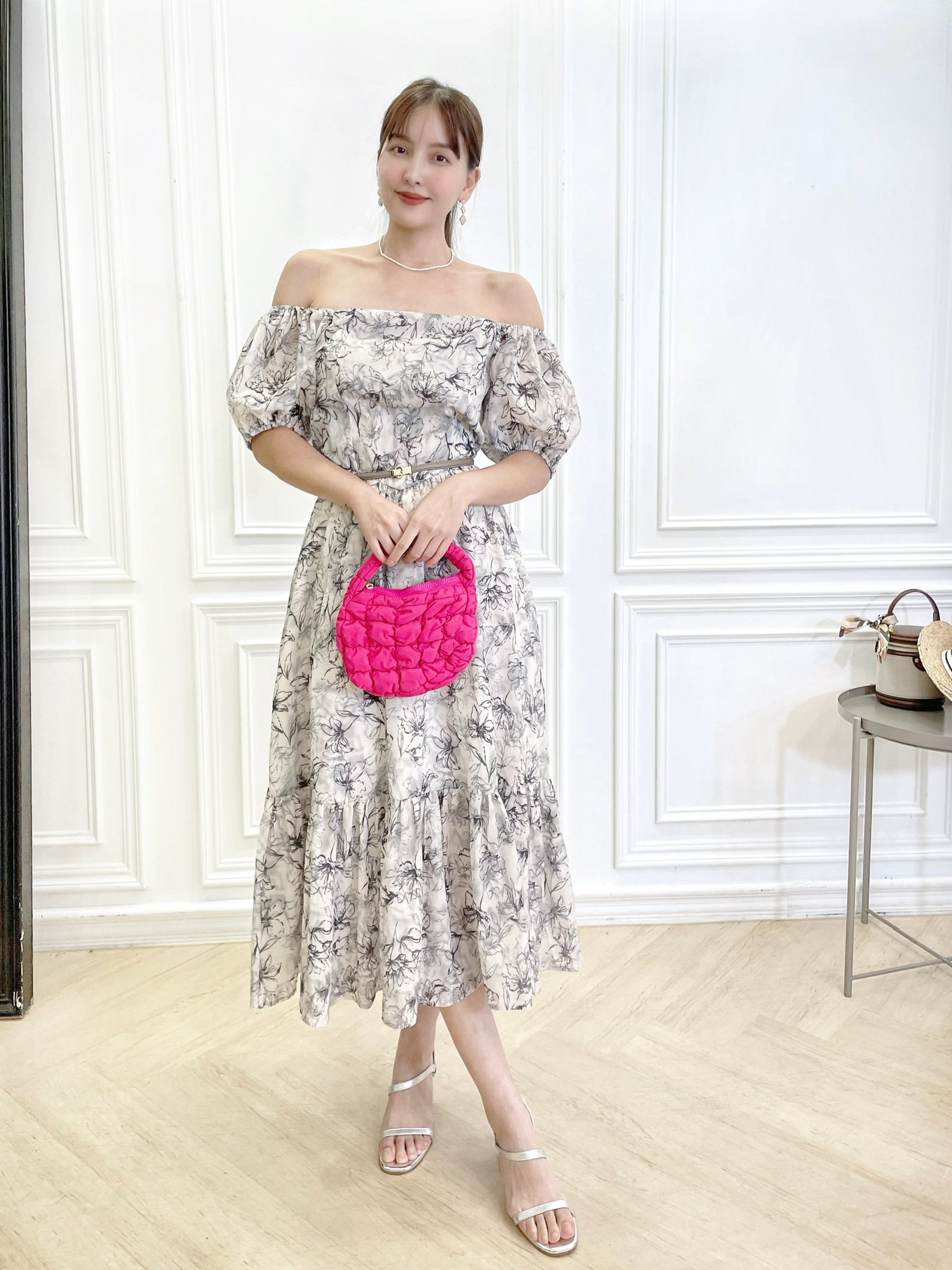 浪漫花卉飄逸澎短袖長洋(可拉一字)