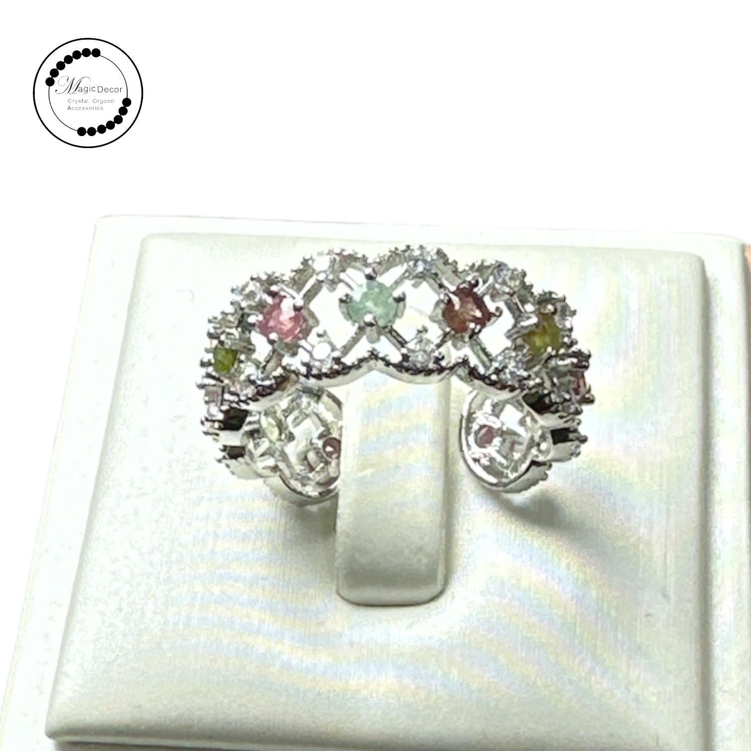 260411 - C9 銀色蕾絲邊彩碧璽半銀開口戒指