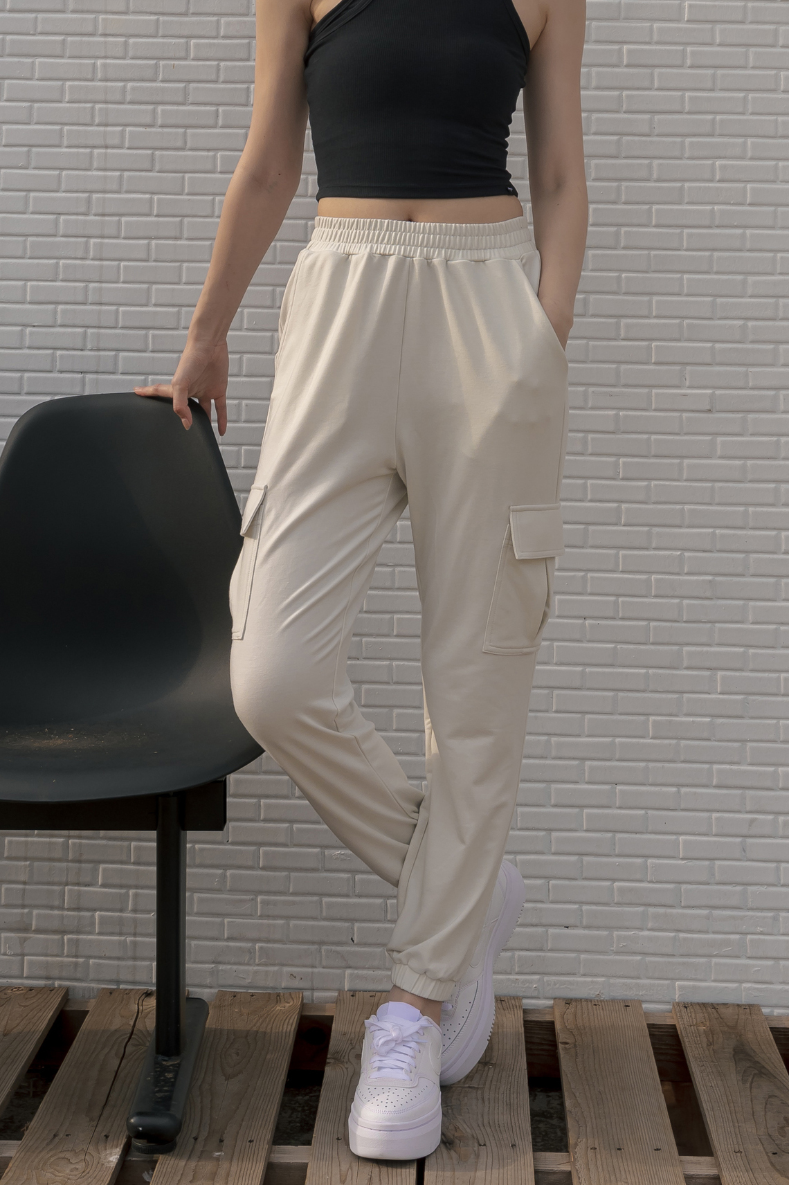 舒適側口袋工作褲- 灰白