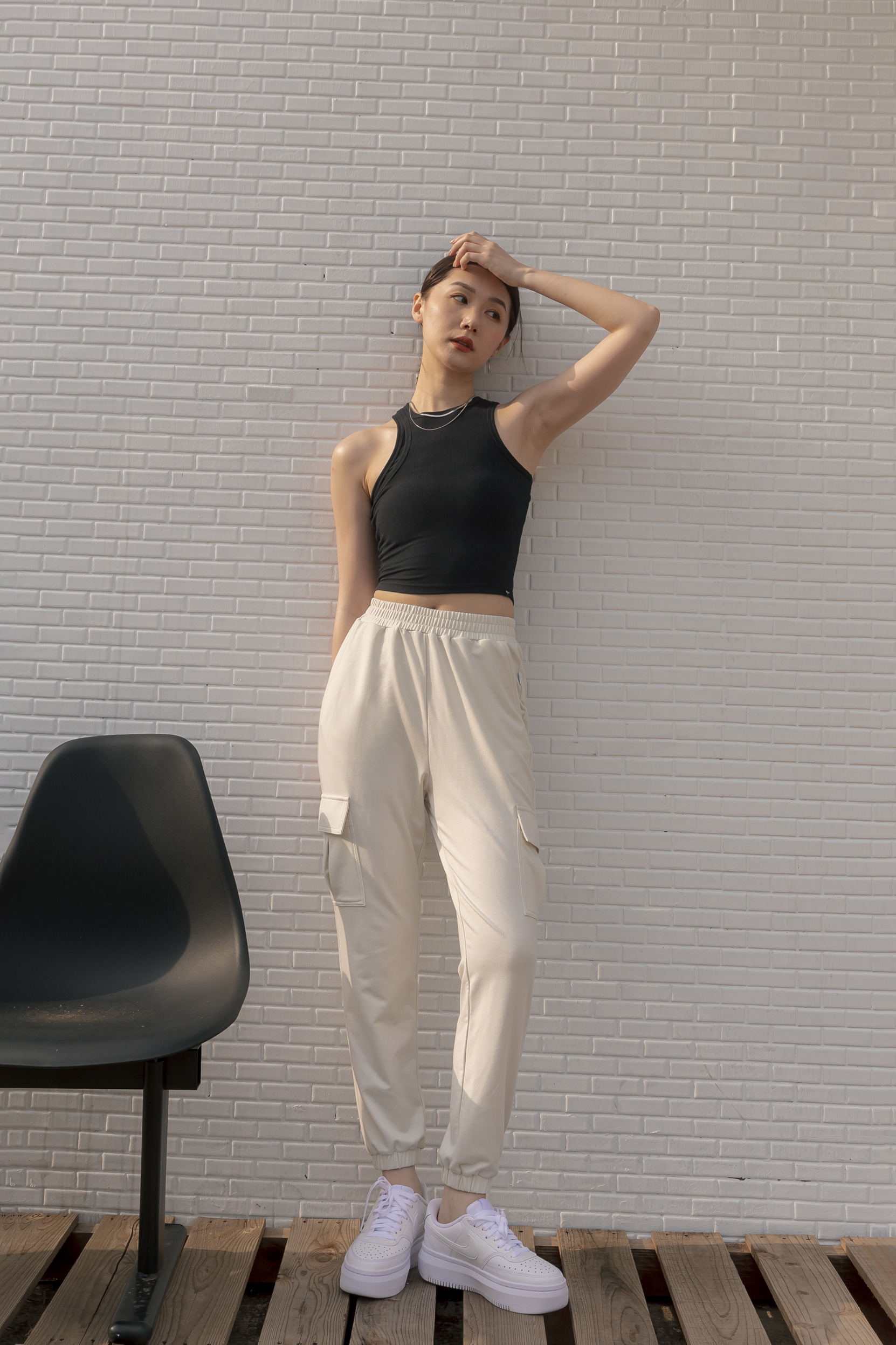 舒適側口袋工作褲- 灰白