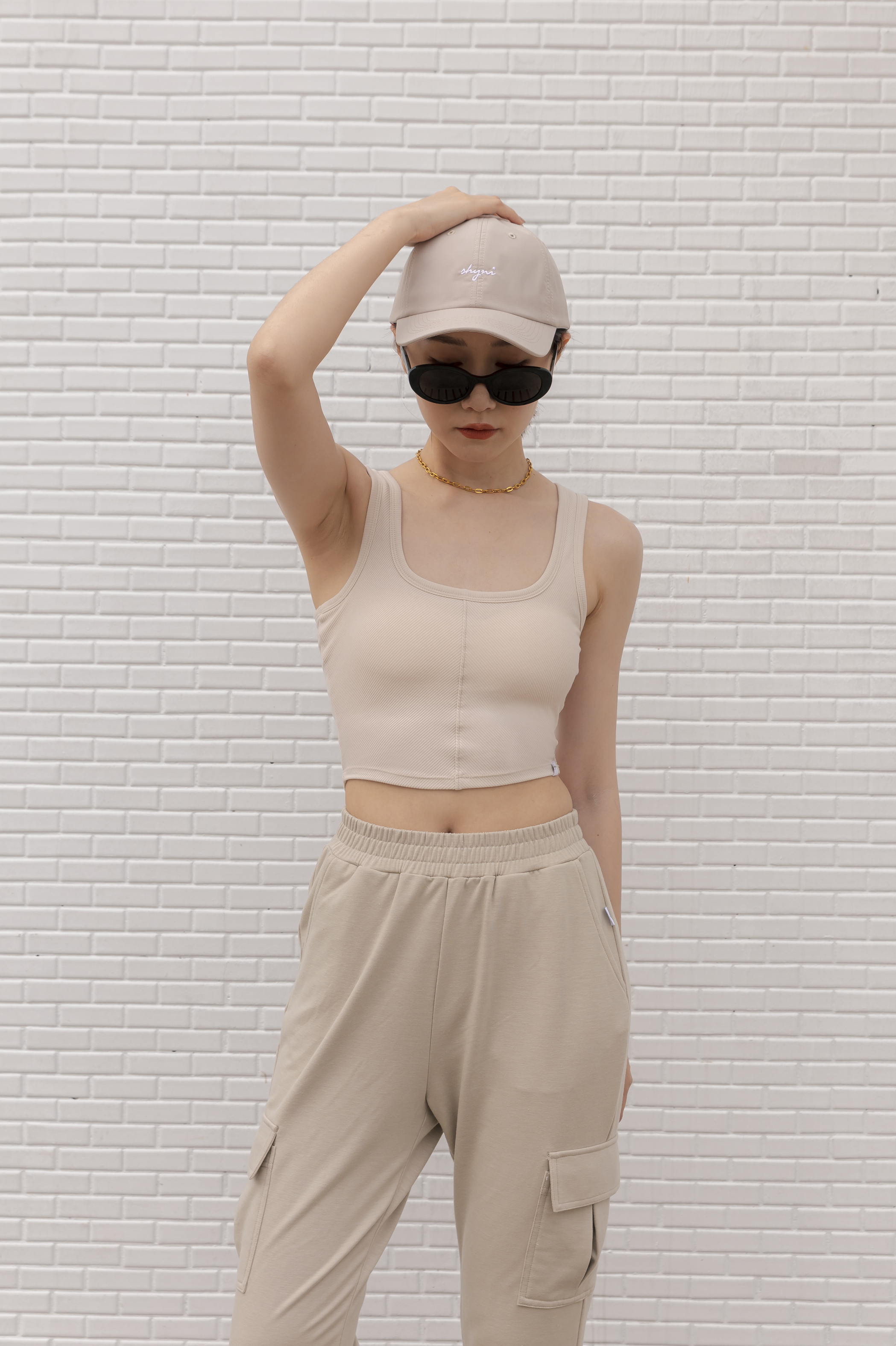 羅紋BRA TOP 挖背背心- 淺米