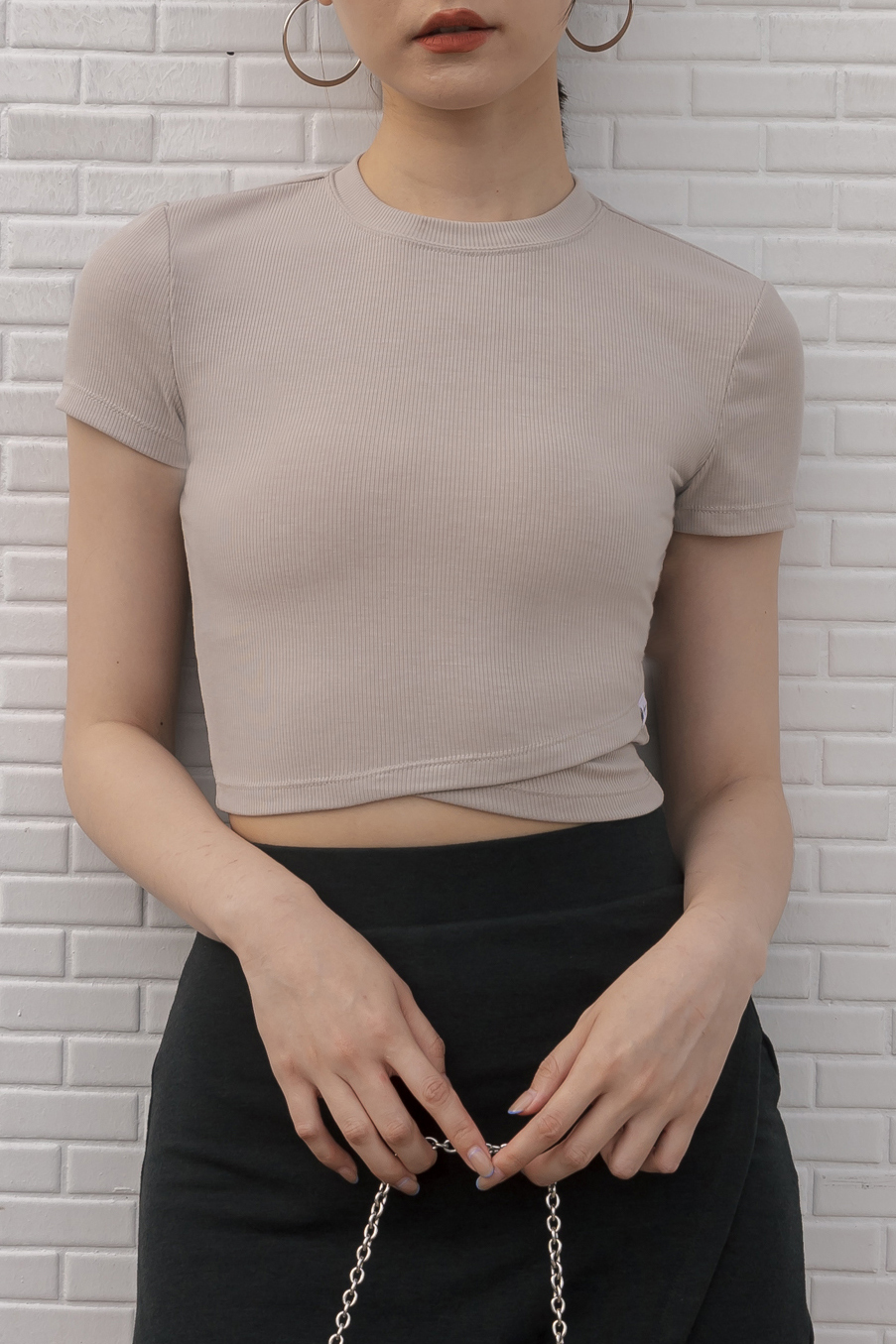 羅紋合身短版上衣- 米杏