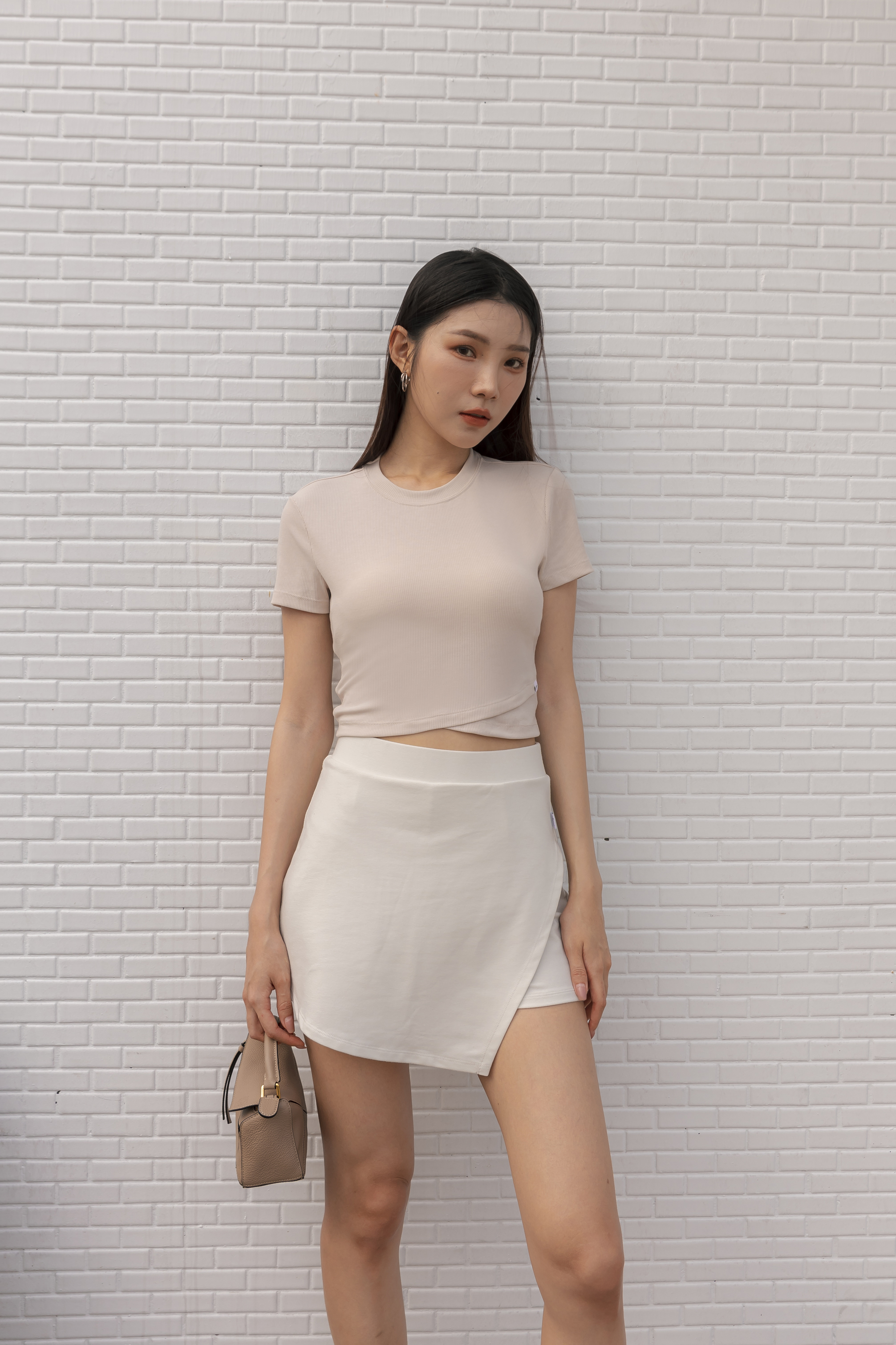 羅紋合身短版上衣- 淺米