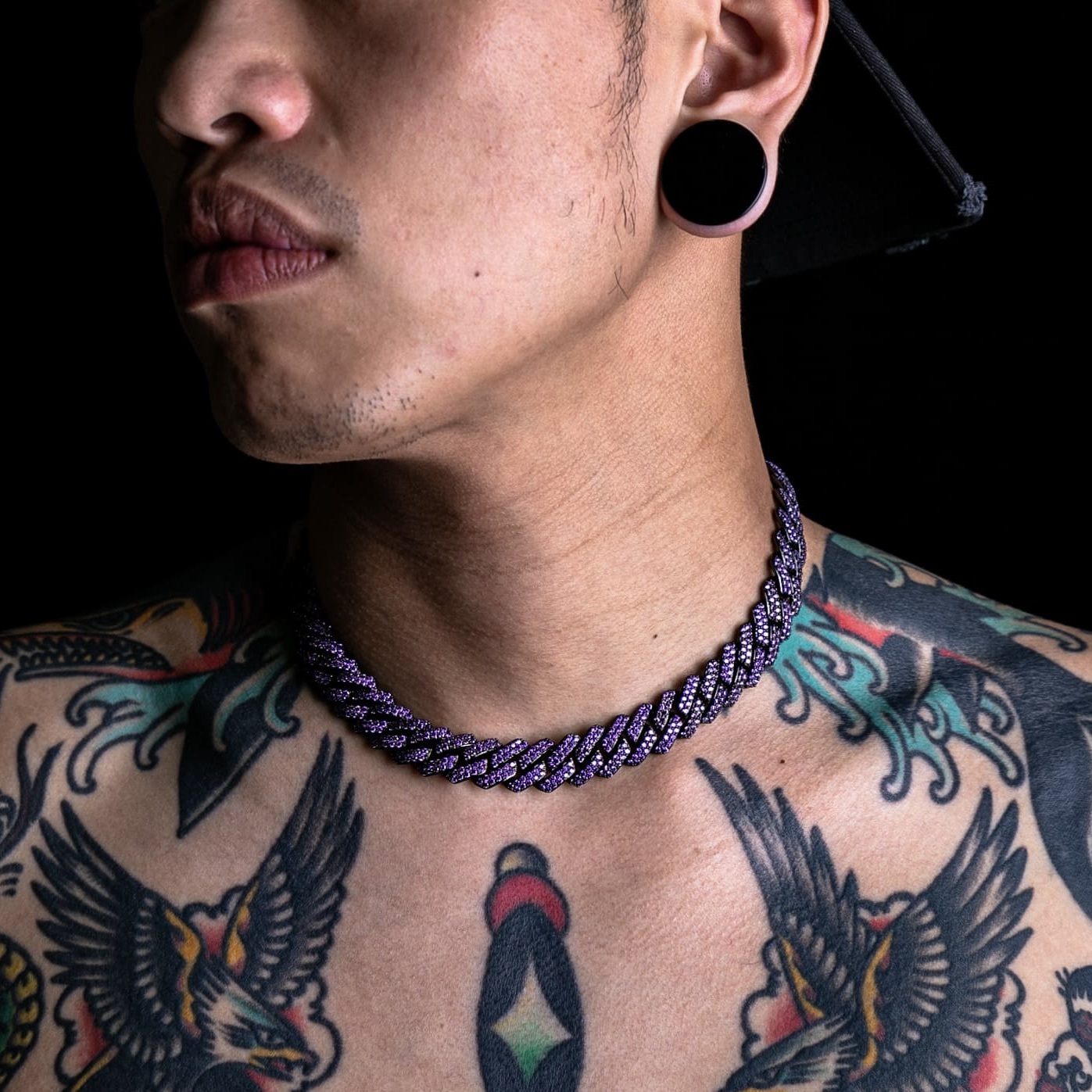 15mm滿鑲菱形古巴鍊 - 紫色鋯石