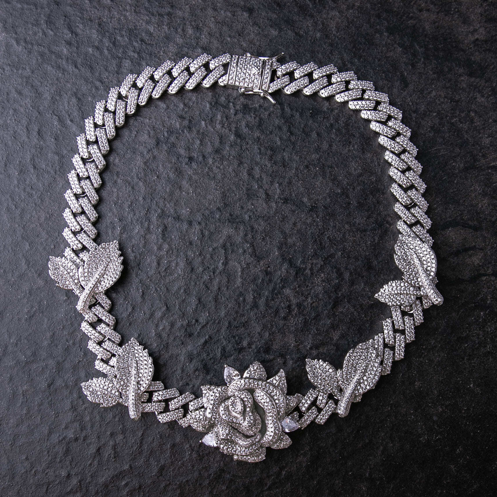 滿鑲立體玫瑰菱形古巴鍊