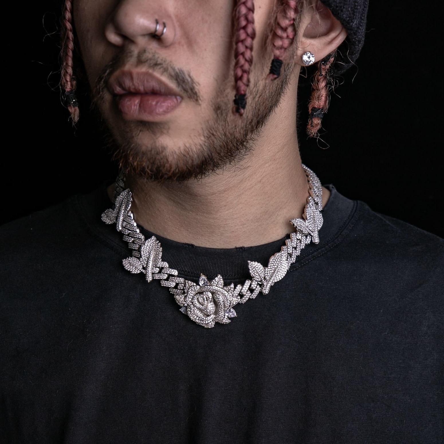 滿鑲立體玫瑰菱形古巴鍊