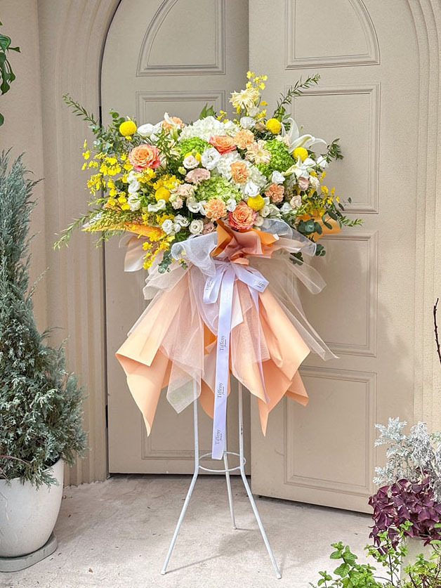 打上花火・橘黃系藝術裝裙鮮花高架花籃 開幕花籃