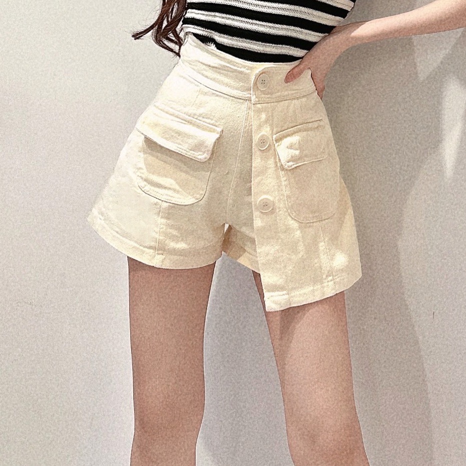 設計款水洗斜排釦褲裙/三色